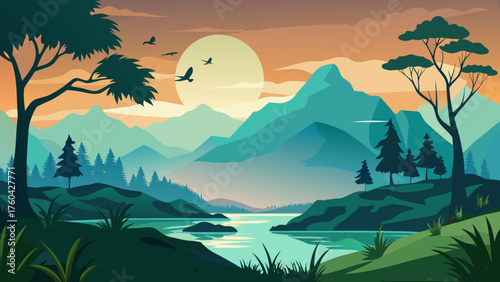 Vector art of beautiful landscape with mountains, trees, river, and birds flying in the sky