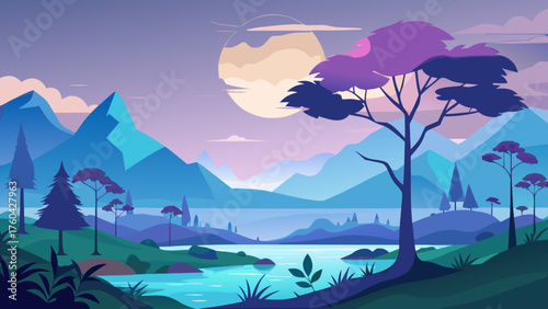 Vector art of peaceful landscape illustration with mountains, trees, and lake at moonlight