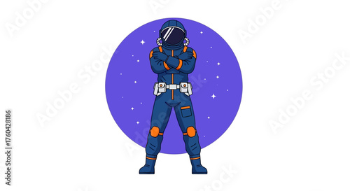 Confident astronaut in spacesuit posing against a cosmic background illustration