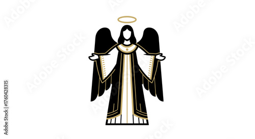 Elegant black and gold angel icon with halo and outstretched arms offers comfort and hope