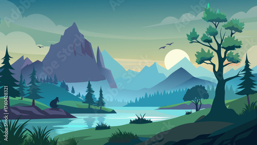 Vector art of tranquil landscape with mountains, lake, trees, and a serene morning sky