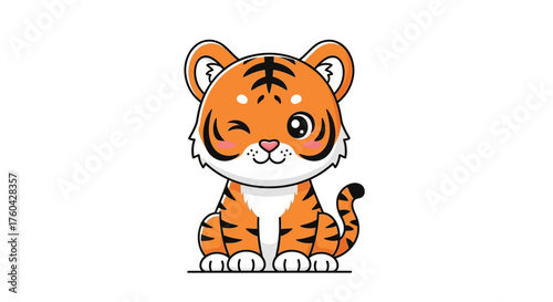 Cute cartoon tiger winking and sitting on a white background illustration design