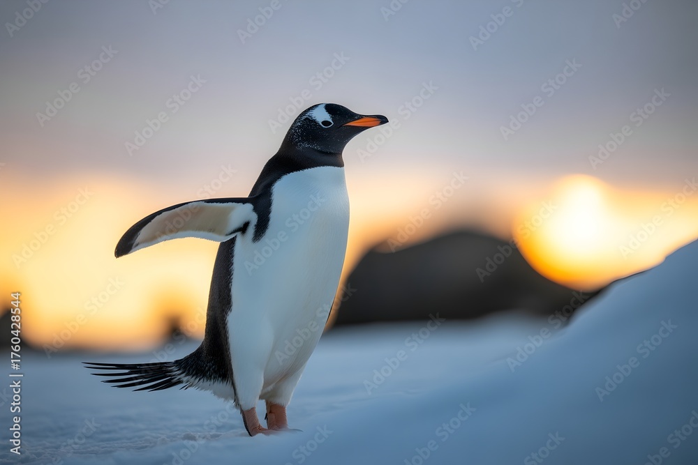 Naklejka premium Gentoo penguin standing on snow with wings spread facing the camera against a colorful sunset sky in Antarctica