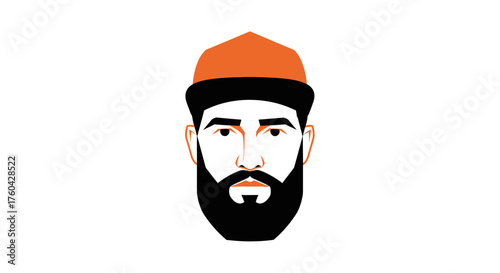 Stylized minimalist vector illustration of a bearded man with cap on a white background