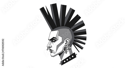 Monochrome portrait of a punk rocker with a mohawk hairstyle and accessories