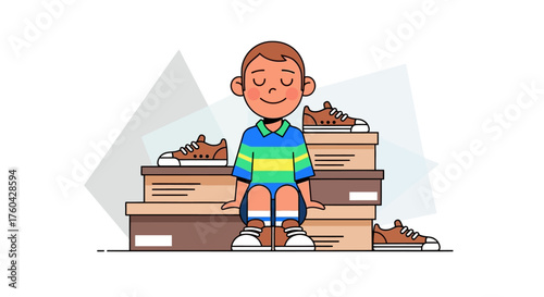 A young boy surrounded by a collection of shoeboxes and sneakers in a minimalist illustration