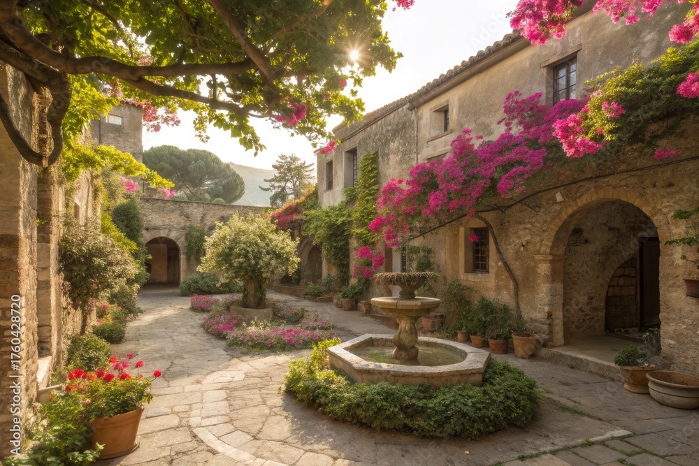 Fototapeta premium Charming Courtyard With Blooming Flowers and a Tranquil Fountain at Sunset