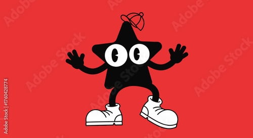Cartoonish star character with big eyes, a cap, and sneakers against a red background