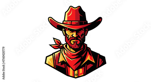 Stylized cowboy portrait wearing a red bandana and hat against a plain white background