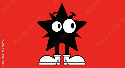 Whimsical Star Character with Googly Eyes and Shoes on a Red Background Cartoonish Design