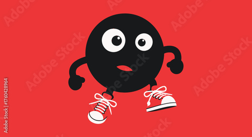 Animated character running on a red background with a worried expression for children