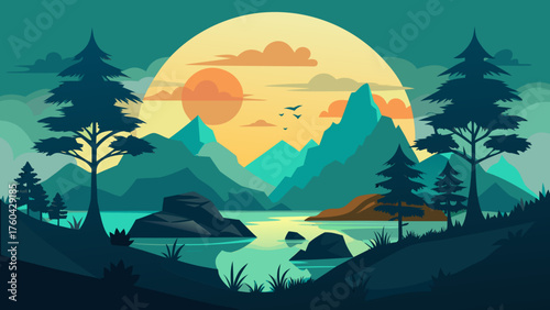 Vector art of peaceful mountain landscape illustration with lake, trees and a sunset sky