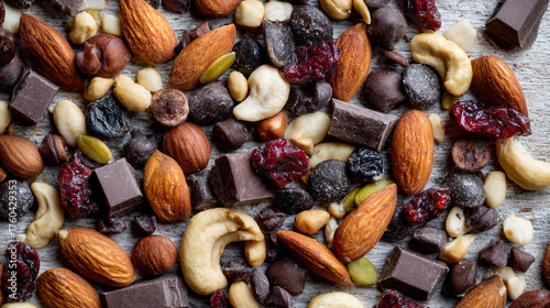 Mixed nuts with chocolate cubes, heathy snack 