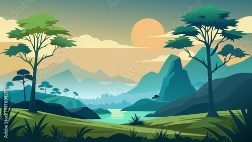 Vector art of beautiful landscape with mountains, trees, and lake at sunrise in morning
