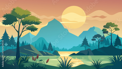 Vector art of scenic mountain landscape with a lake and trees at sunset, vector illustration