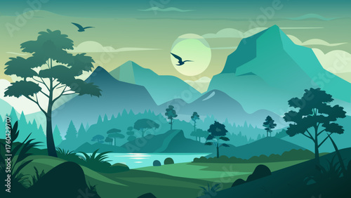 Vector art of beautiful mountain landscape with trees and birds flying in the sky at dusk