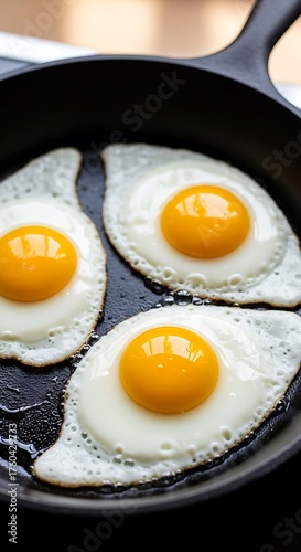 Three Sunny-Side Up Eggs Cooking in a Cast Iron Skillet.