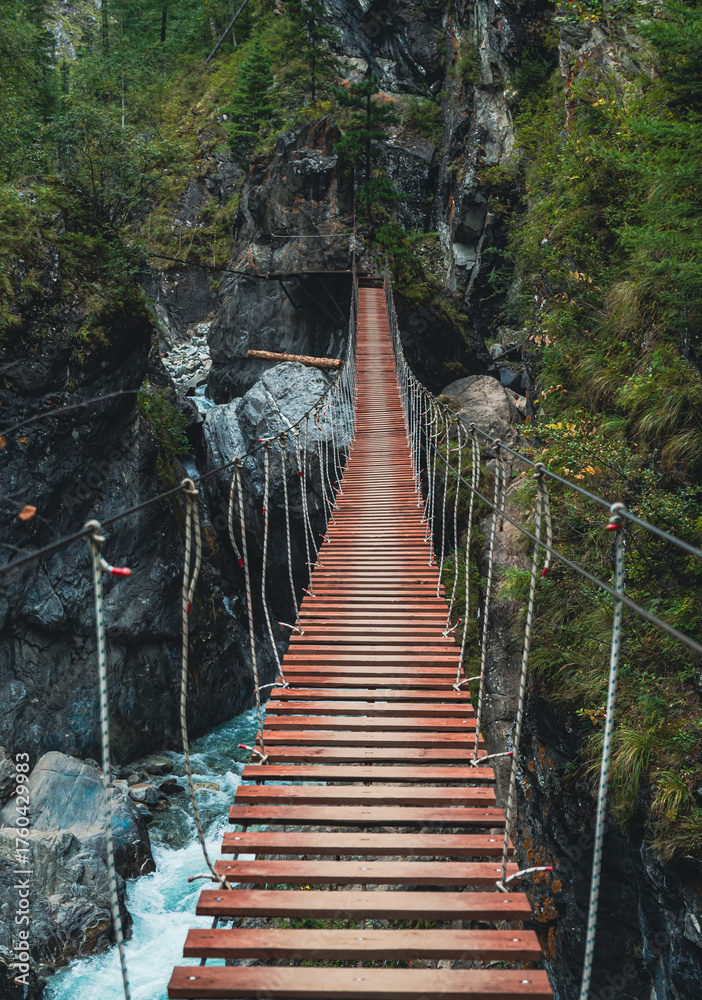 Fototapeta premium Wooden suspension bridge stretches over a rocky gorge surrounded by lush green trees in the mountains