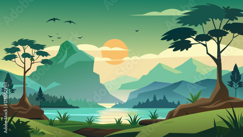 Vector art of scenic mountain landscape with river, forest, and sun in cartoon style view