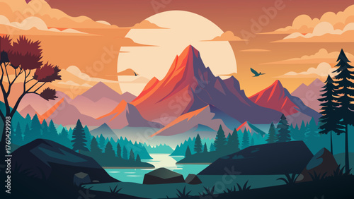 Vector art of beautiful mountain landscape with trees and lake at sunset vector illustration