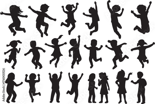 Set of different Vector silhouettes of joyful children jumping, playful energetic youth in motion, fun childhood activities, freedom, happiness, illustration design