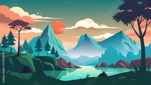 Vector art of scenic landscape with mountains, trees, and a lake under a colorful sky view
