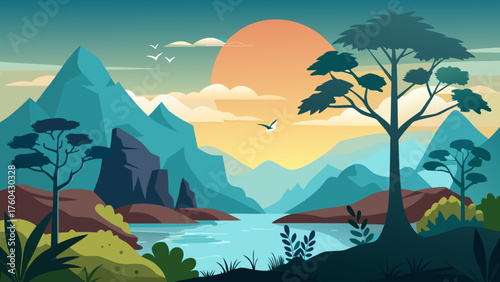 Vector art of beautiful landscape with mountains, trees, and a lake at sunset or sunrise
