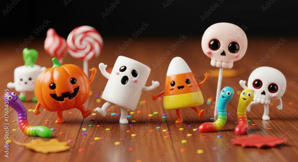 Obraz premium Cute Halloween candy figures w/ wood floor & backdrop