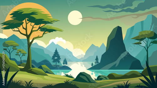 Vector art of scenic mountain landscape with a calm lake and trees, a serene nature scene