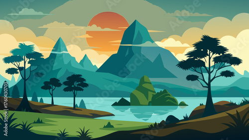Vector art of beautiful mountain landscape with lake and trees at sunset or sunrise