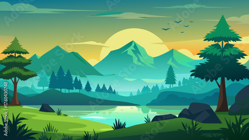 Vector art of beautiful mountain landscape with lake and trees at sunset or sunrise