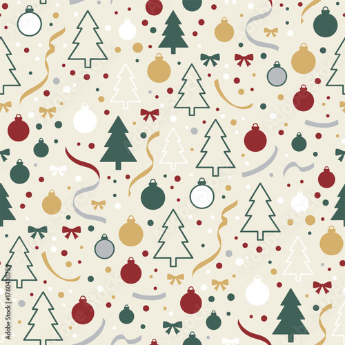 Christmas Tree Pattern Vector. Seamless Christmas Tree Pattern with ornaments and ribbons. Seasonal greenery seamless pattern Background.
