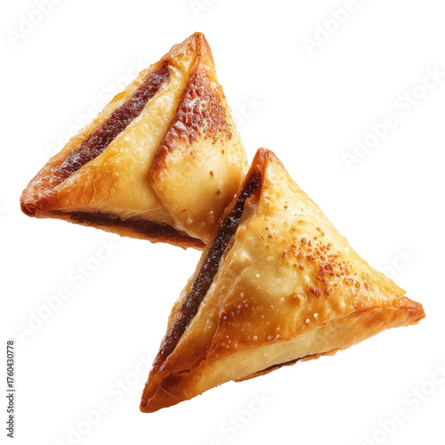 Briouat triangular fruit filled pastries, phyllo pastries filled with meat or almonds isolated on white transparent background, concept of Arabic sweet baked desserts