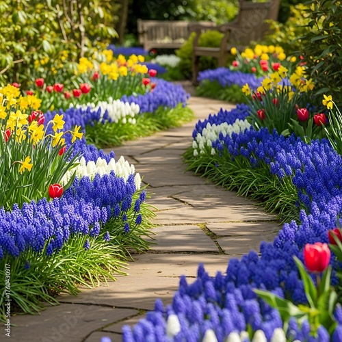 Spring Garden Path with Colorful Flowers and Wooden Bridge.