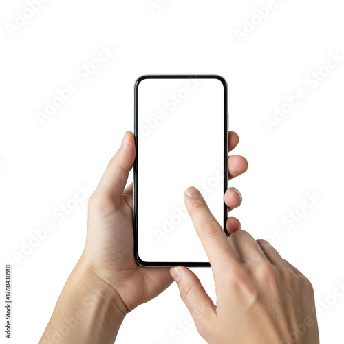 Close-up of hands holding modern smartphone with blank screen and finger touching display isolated on transparent background