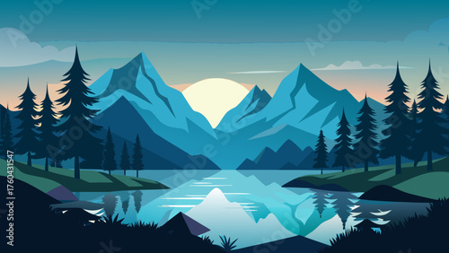 Vector art of beautiful mountain landscape with forest and lake at dawn or sunrise time