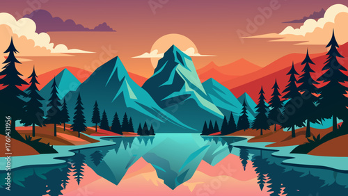 Vector art of picturesque mountain landscape reflecting in calm lake at colorful sunset