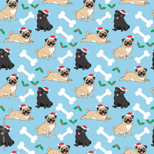 Christmas Dog Pattern Vector. Seamless Christmas Dog Pattern with Santa Hat and Bone. Seasonal Animal seamless pattern Background.