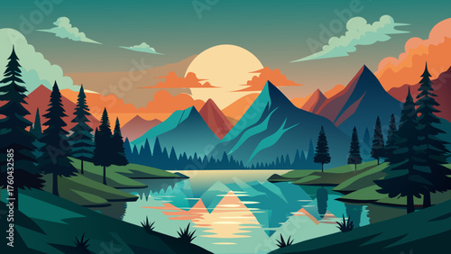 Vector art of beautiful mountain landscape with lake and forest at sunset vector illustration