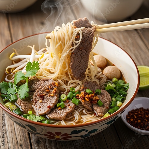 Delicious Bowl of Thai Beef Noodle Soup with Fresh Herbs.