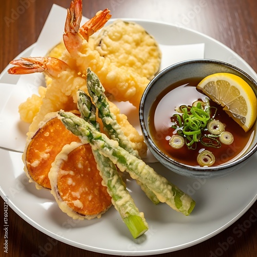 Delicious Tempura Assortment with Dipping Sauce and Lemon Wedge.