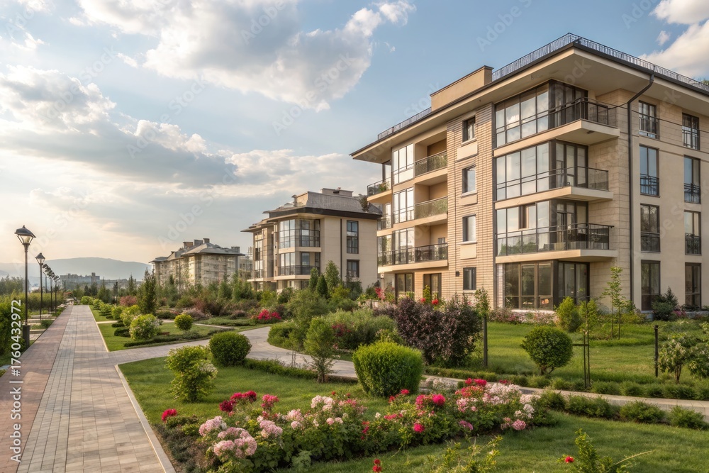 Fototapeta premium Beautiful Garden Pathway Beside Modern Residential Buildings in the Afternoon