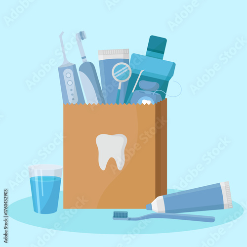 Shopping bag with oral hygiene tools toothbrush electric irrigator mouthwash dental floss water dentist
