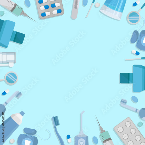 Dentistry background with oral hygiene elements Dentist day toothpaste irrigator mouthwash dental floss