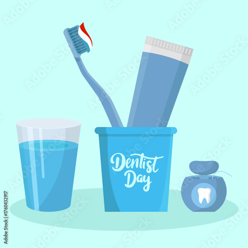 Dentist day composition essential oral hygiene tools toothbrush toothpaste dental floss water