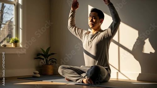 A man in a light room, arms outstretched, meditating. Soft light from the window
