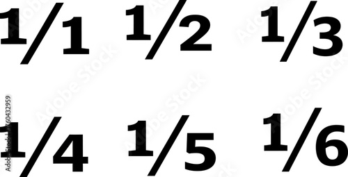 Simple fractions displayed numerator one denominators one through six