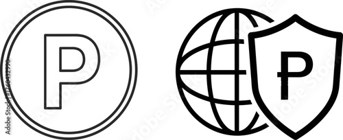 Modern vector icon with a bold ‘P’ in a circle and a globe-shield combo, symbolizing global payment protection, financial security, and fintech safety. 
