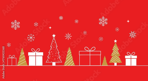 Festive Christmas Illustration with Trees Gifts and Snowflakes on Red Background creating a cozy