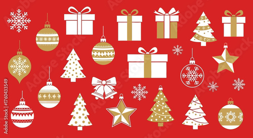 Festive holiday pattern featuring christmas ornaments trees and gifts on vibrant red background